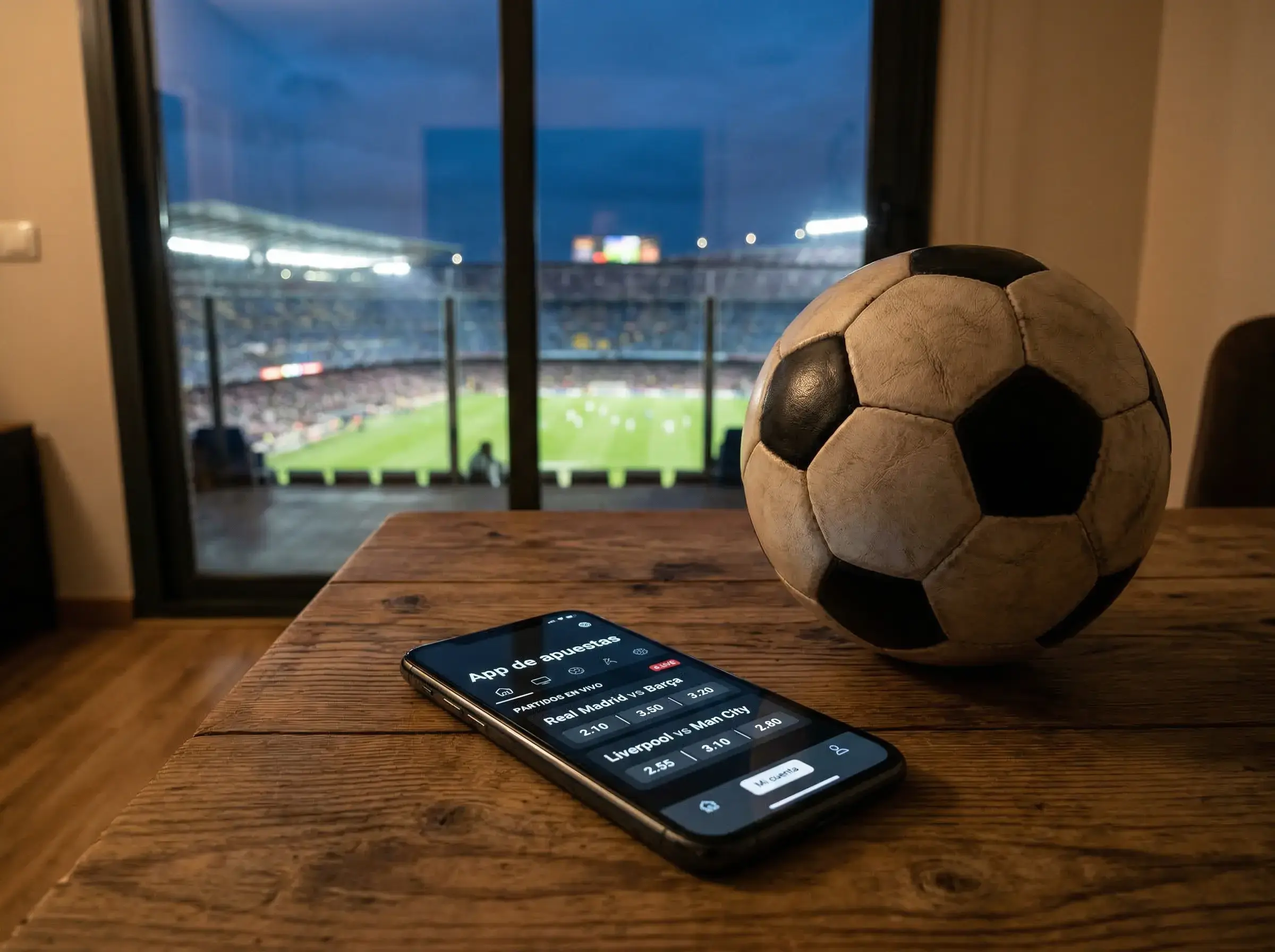 Teléfono móvil sobre una mesa junto a un balón de fútbol con un estadio iluminado de fondo