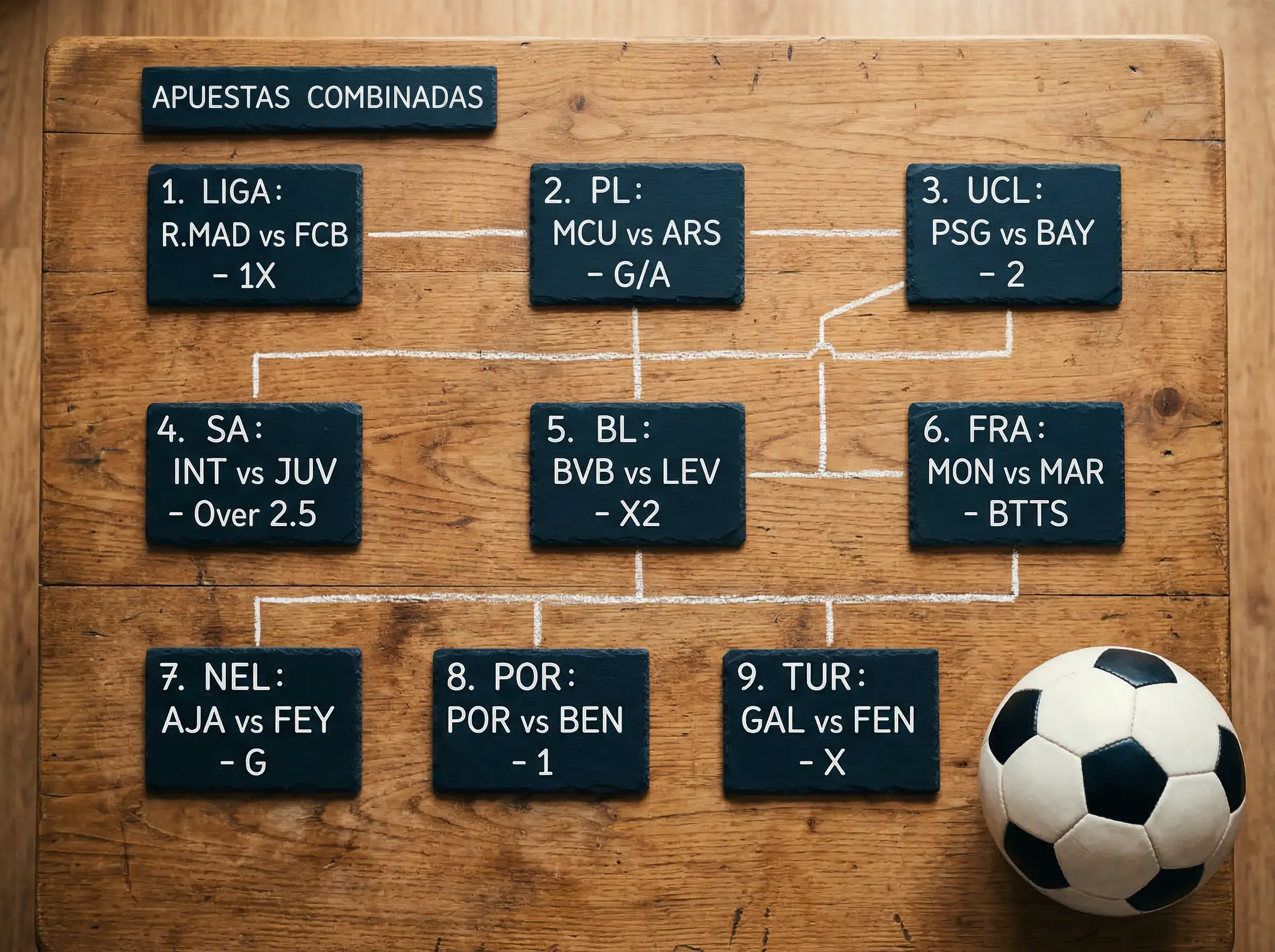 Varias fichas de pizarra conectadas con líneas representando selecciones combinadas de apuestas