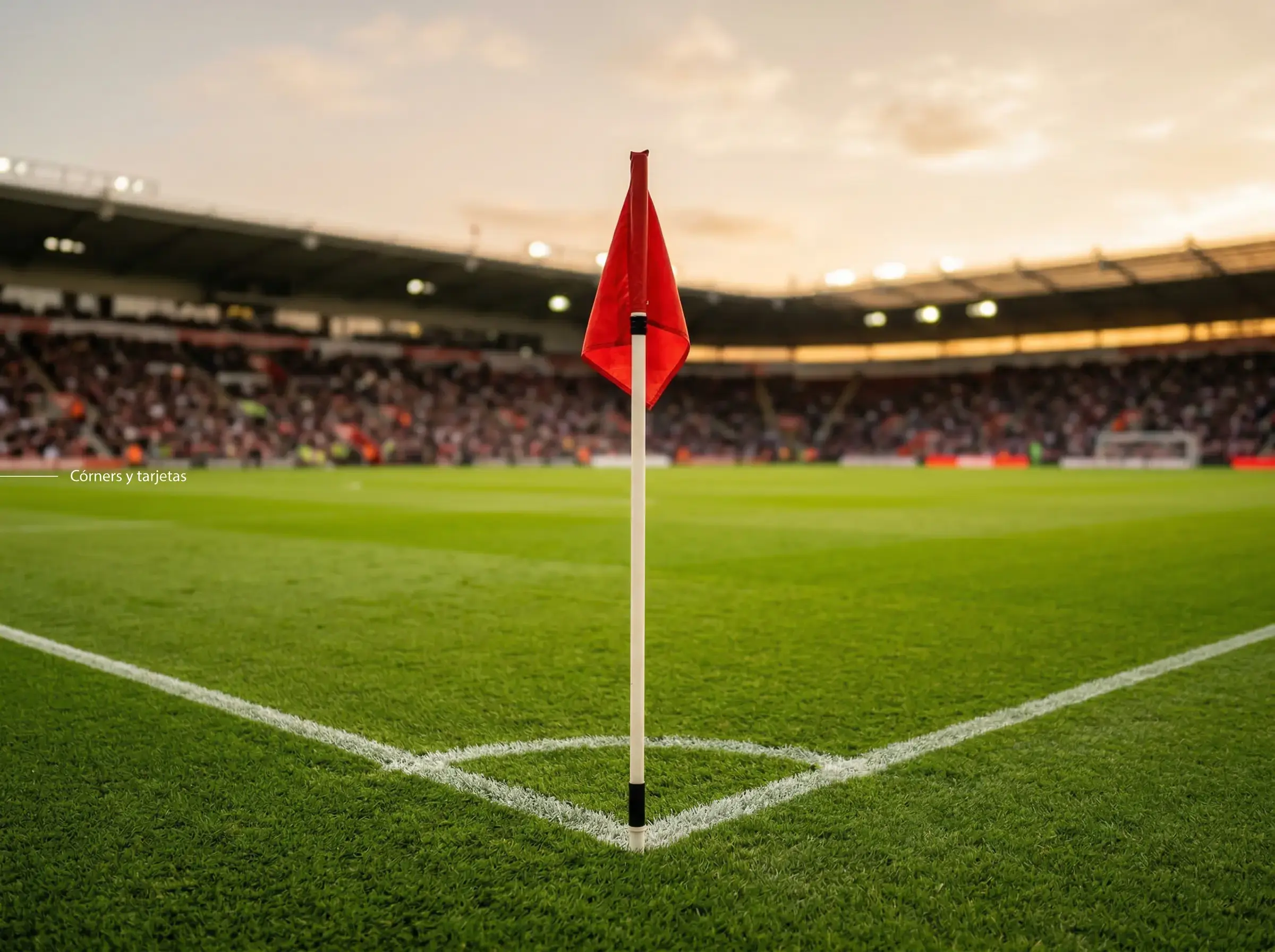Banderín de córner de fútbol en la esquina de un campo verde con líneas blancas bien marcadas