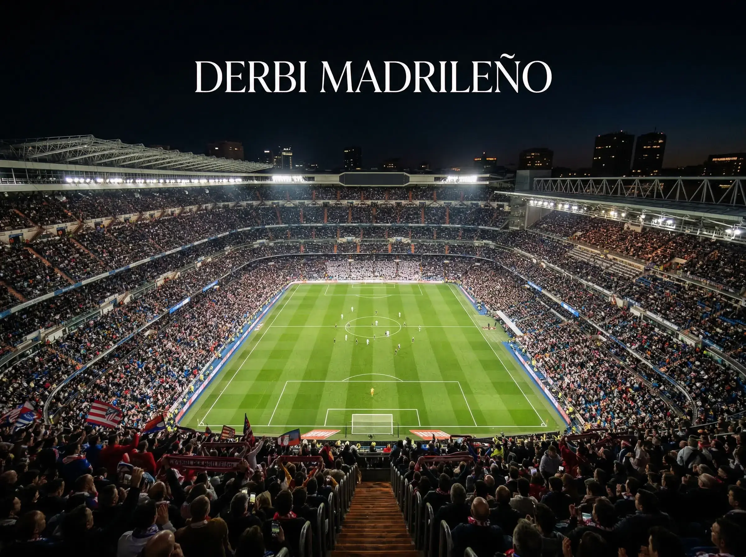 Vista panorámica de un estadio de fútbol en Madrid durante un partido nocturno con las gradas llenas