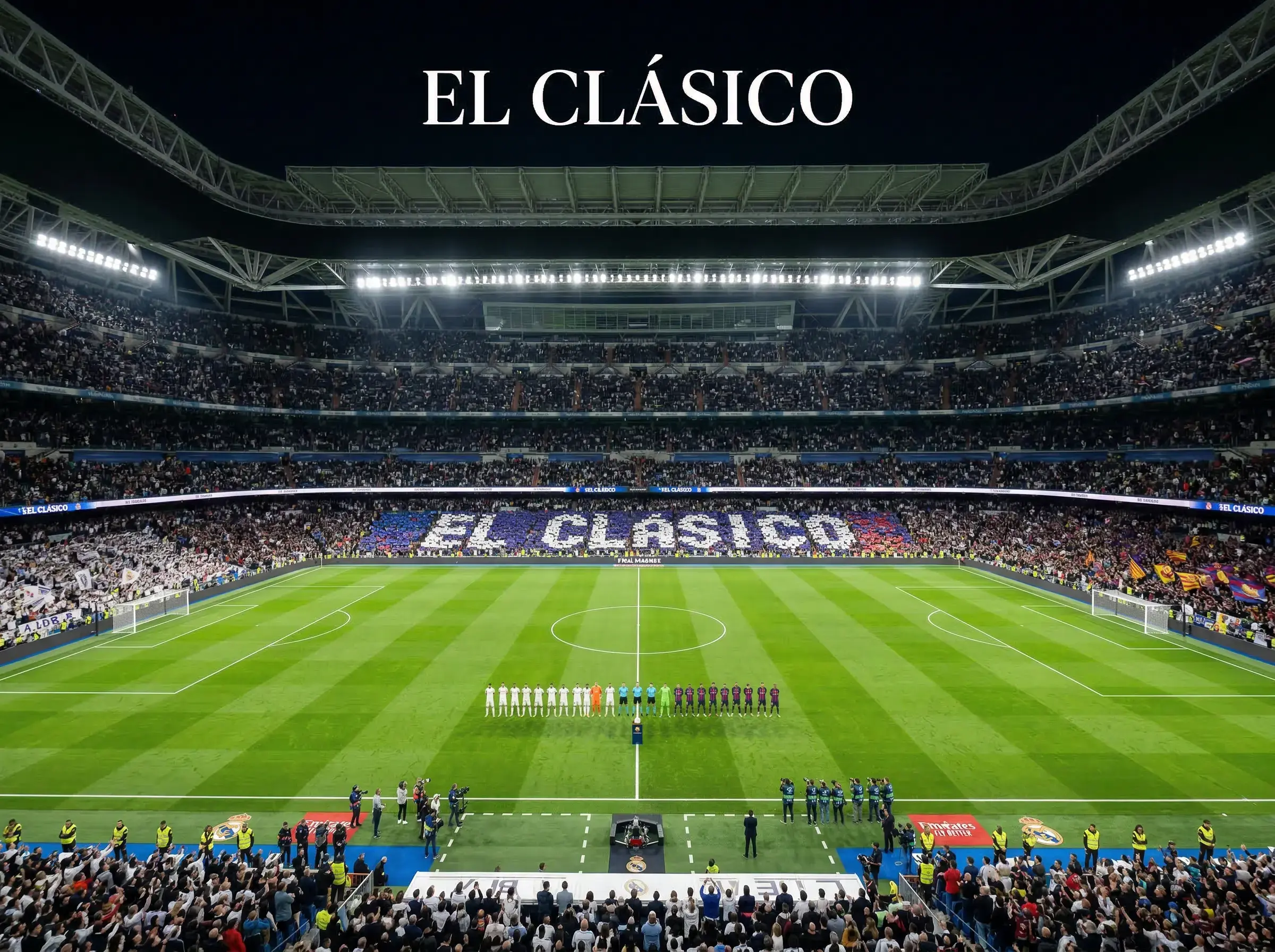 Estadio de fútbol iluminado de noche con las gradas llenas antes de un partido de La Liga entre dos equipos rivales