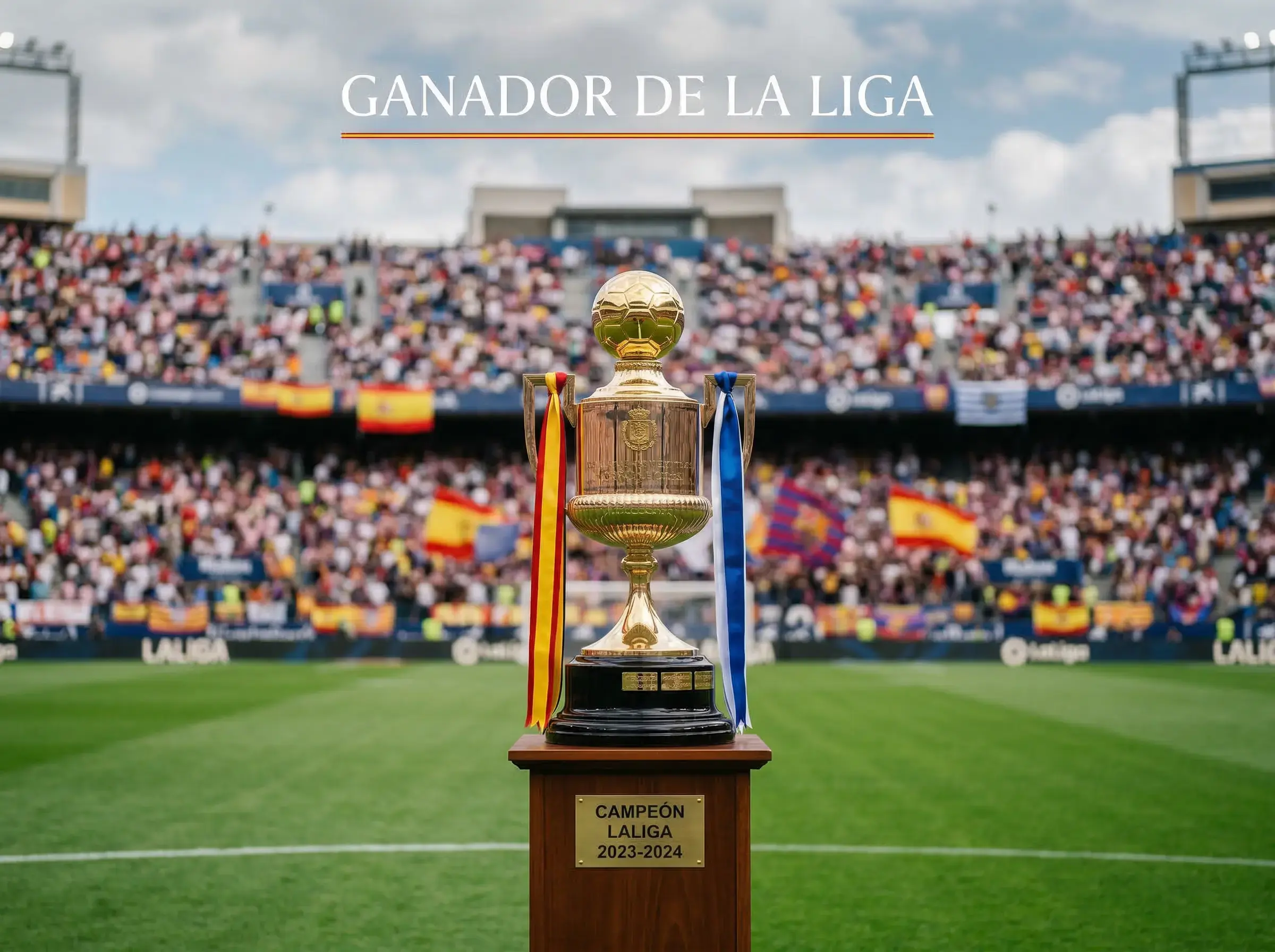 Trofeo dorado de liga de fútbol sobre un pedestal en un campo de fútbol con césped verde