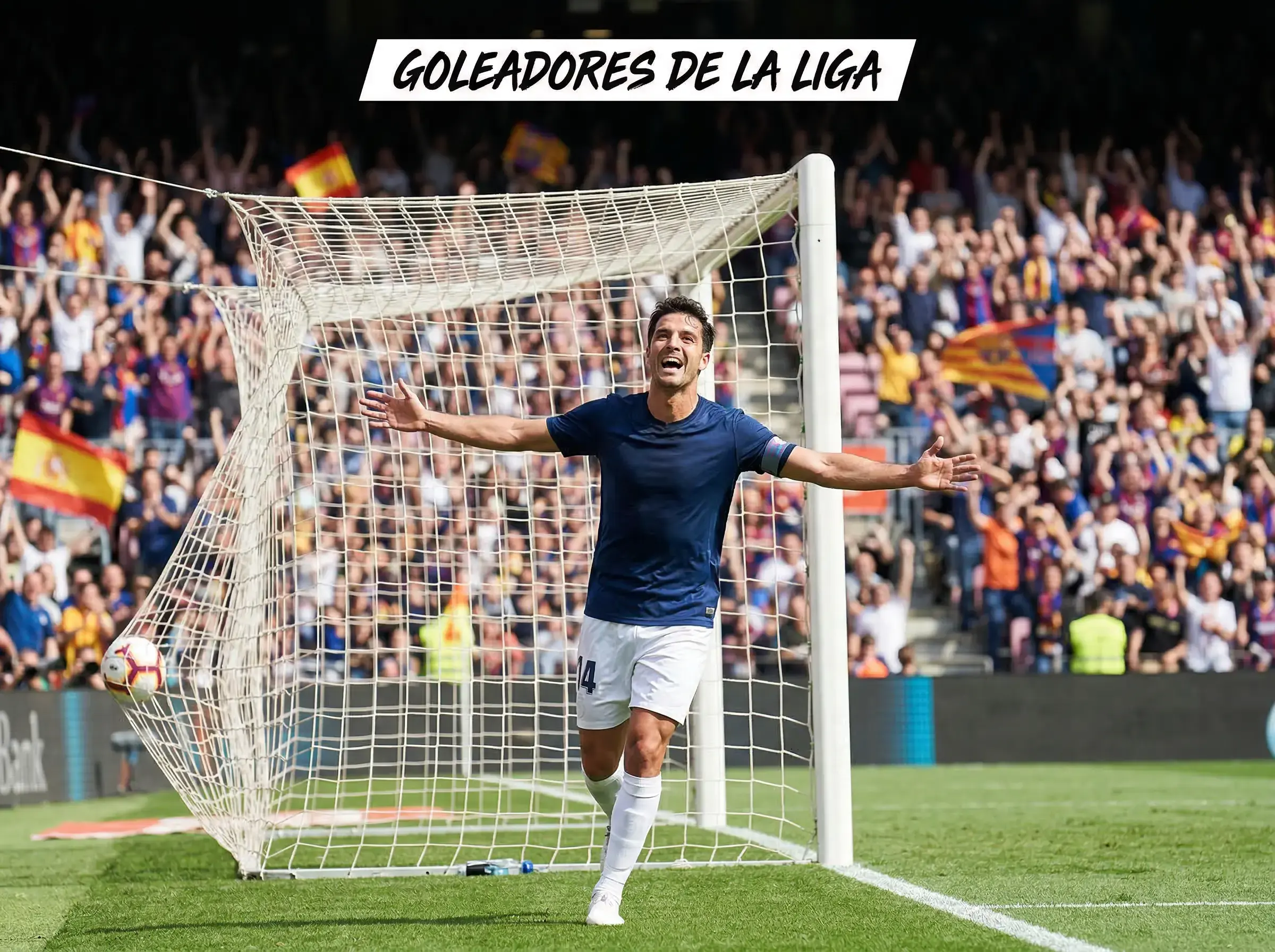 Jugador de fútbol celebrando un gol con los brazos abiertos frente a la portería en un estadio