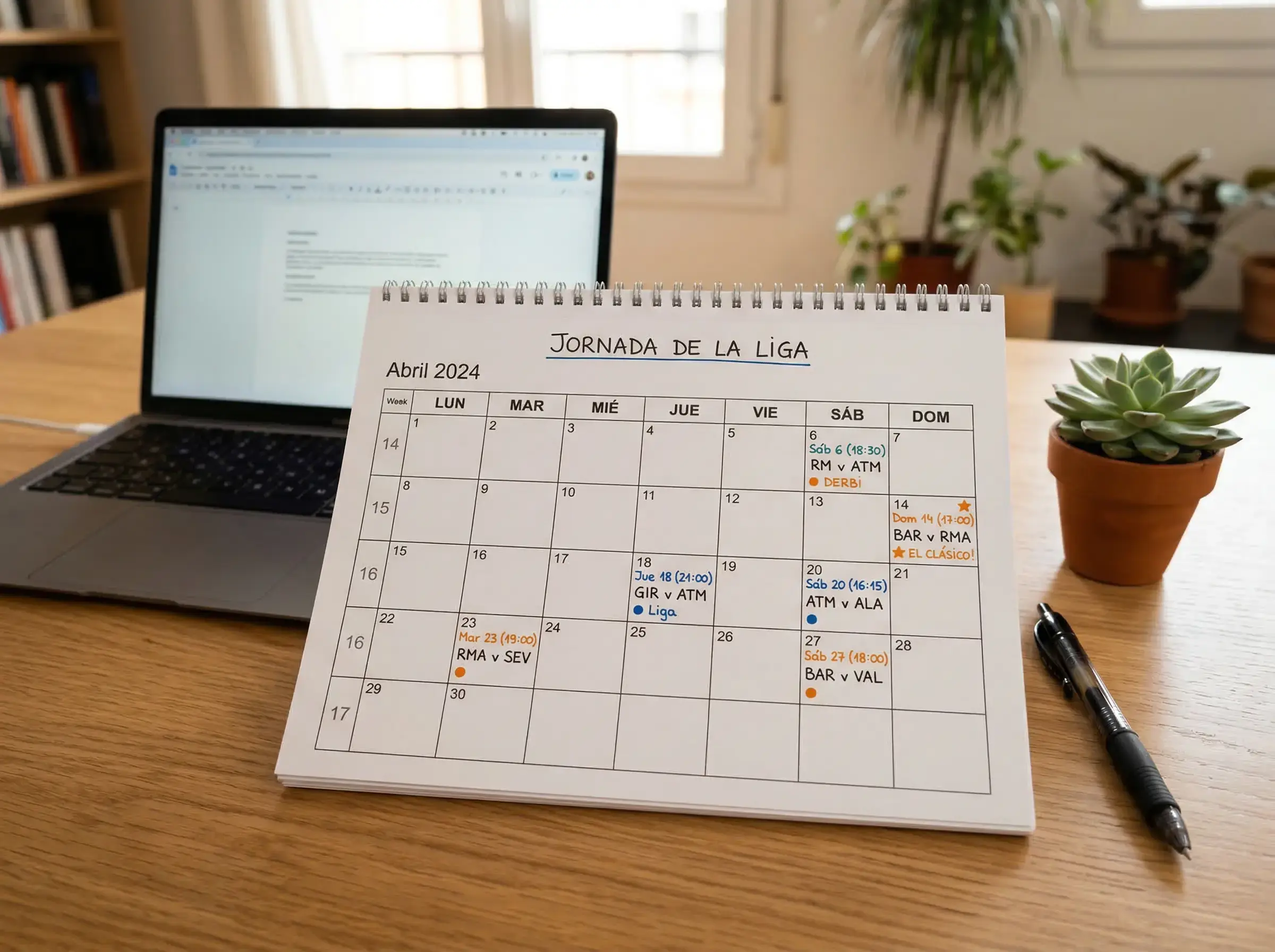 Calendario deportivo con marcadores y notas sobre una mesa de trabajo junto a un portátil