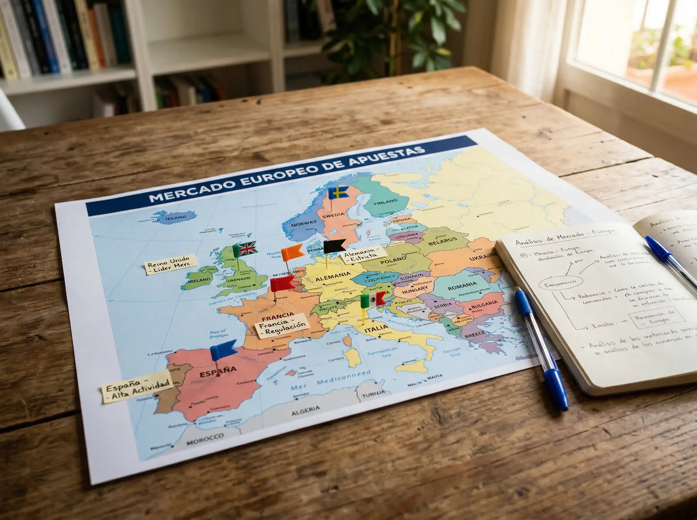 Mapa de Europa sobre una mesa con marcadores señalando diferentes países