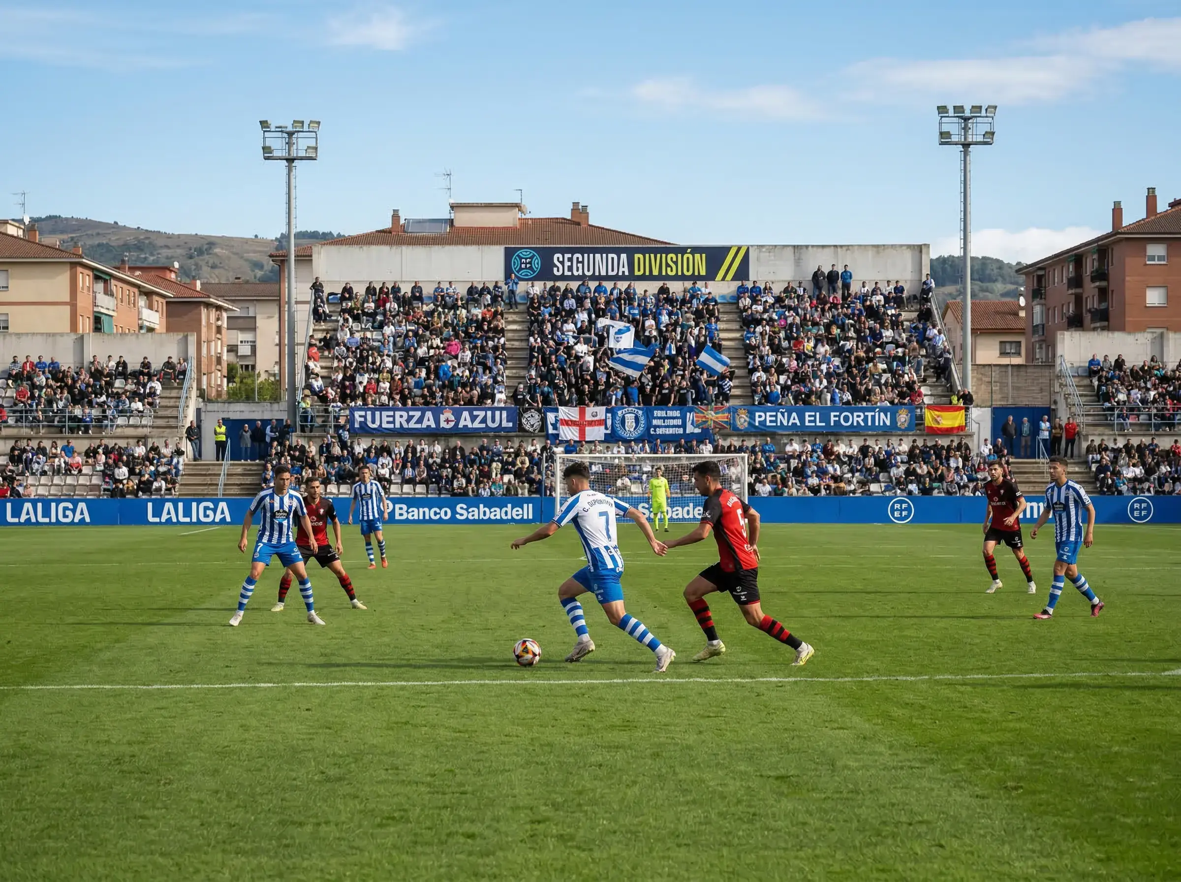 Campo de fútbol de un estadio de segunda división con gradas parcialmente llenas durante un partido de día