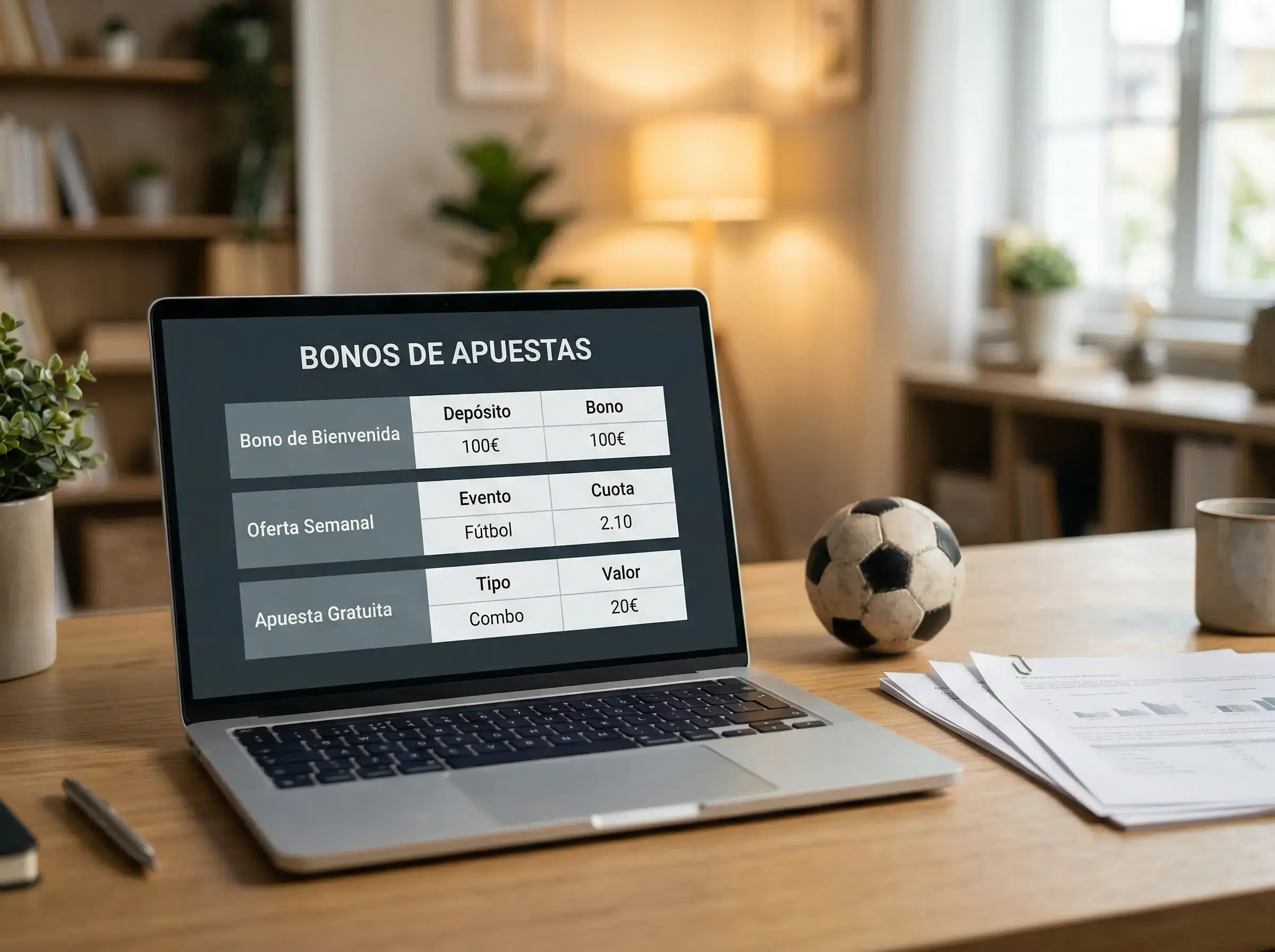 Portátil abierto sobre un escritorio con documentos y un balón de fútbol al lado