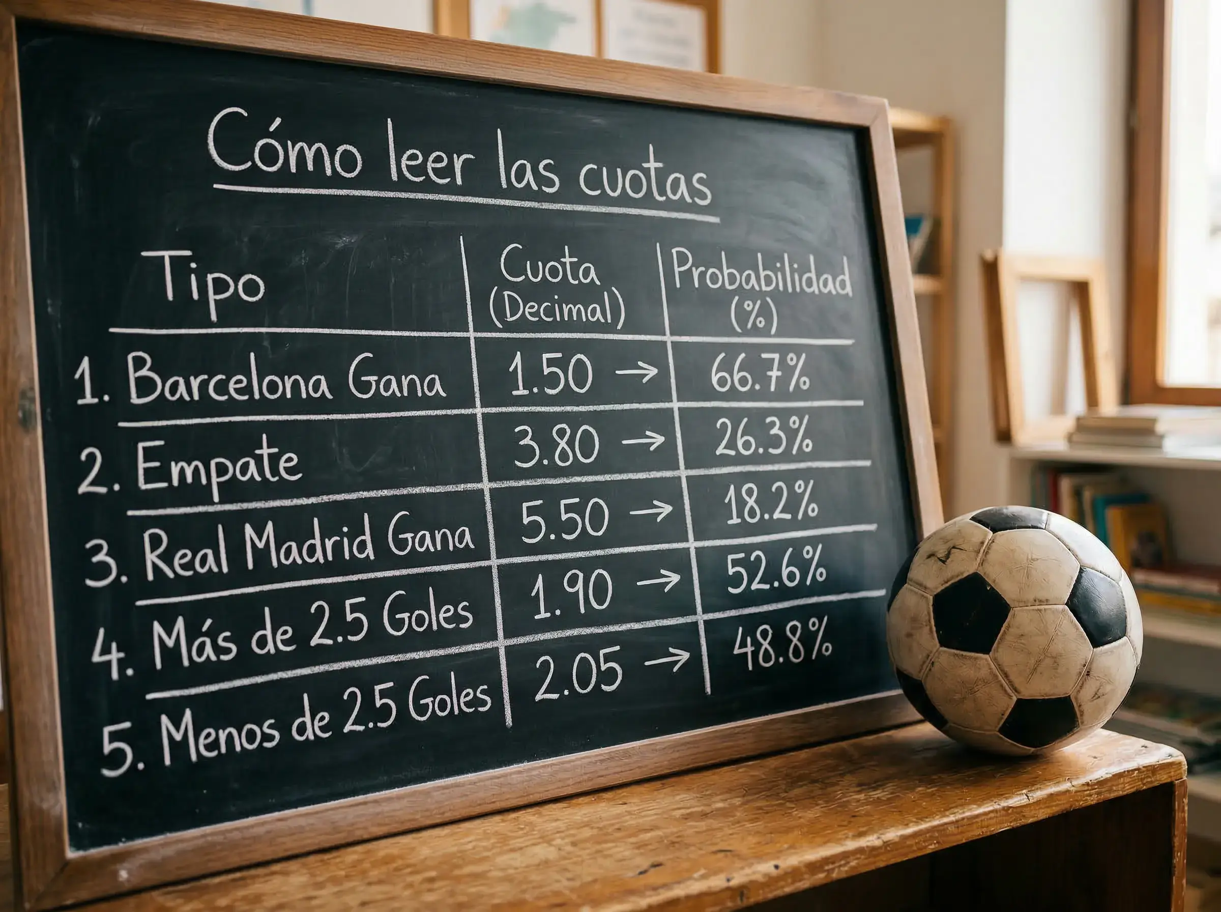 Pizarra con números y porcentajes escritos con tiza junto a un balón de fútbol