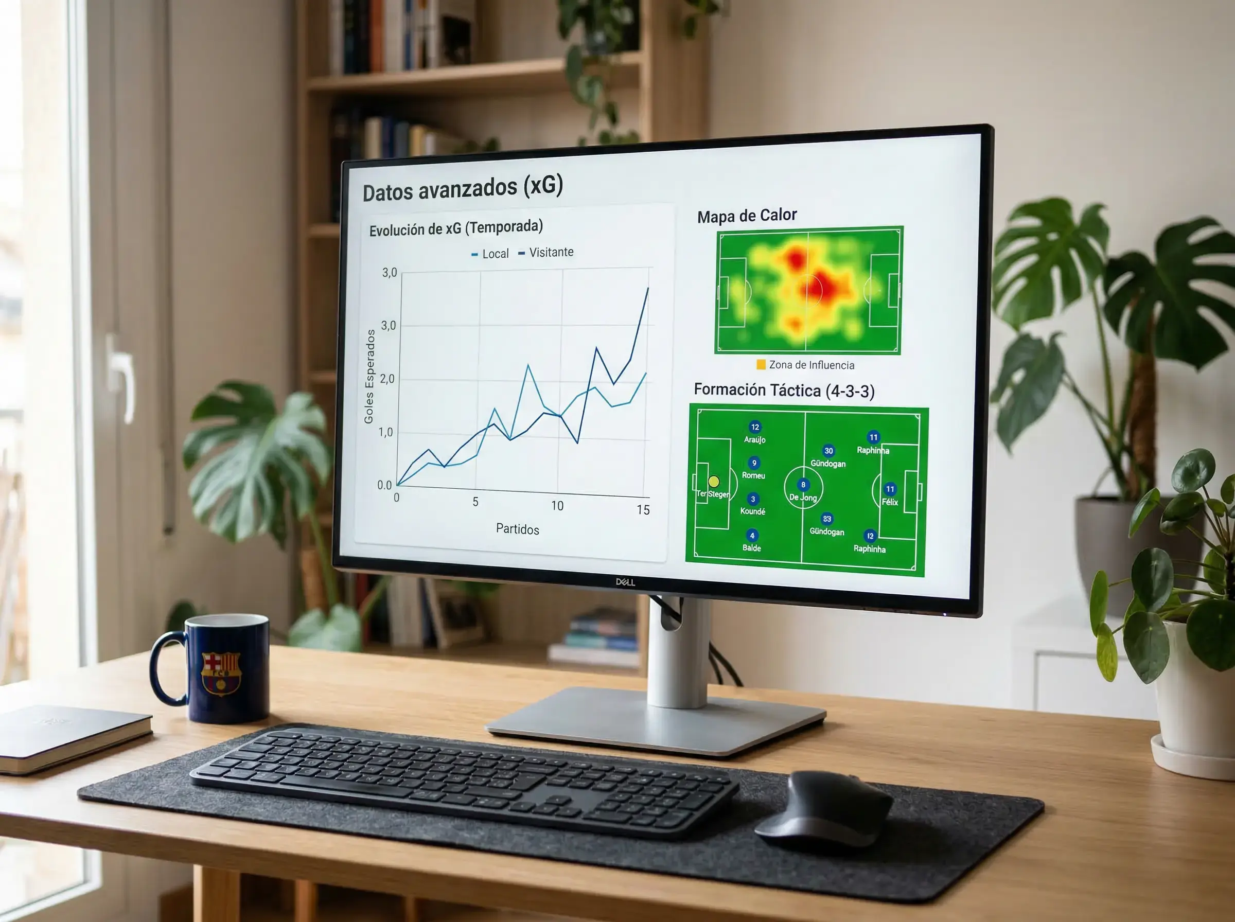 Pantalla de ordenador mostrando gráficos estadísticos de fútbol con un campo de fútbol táctico