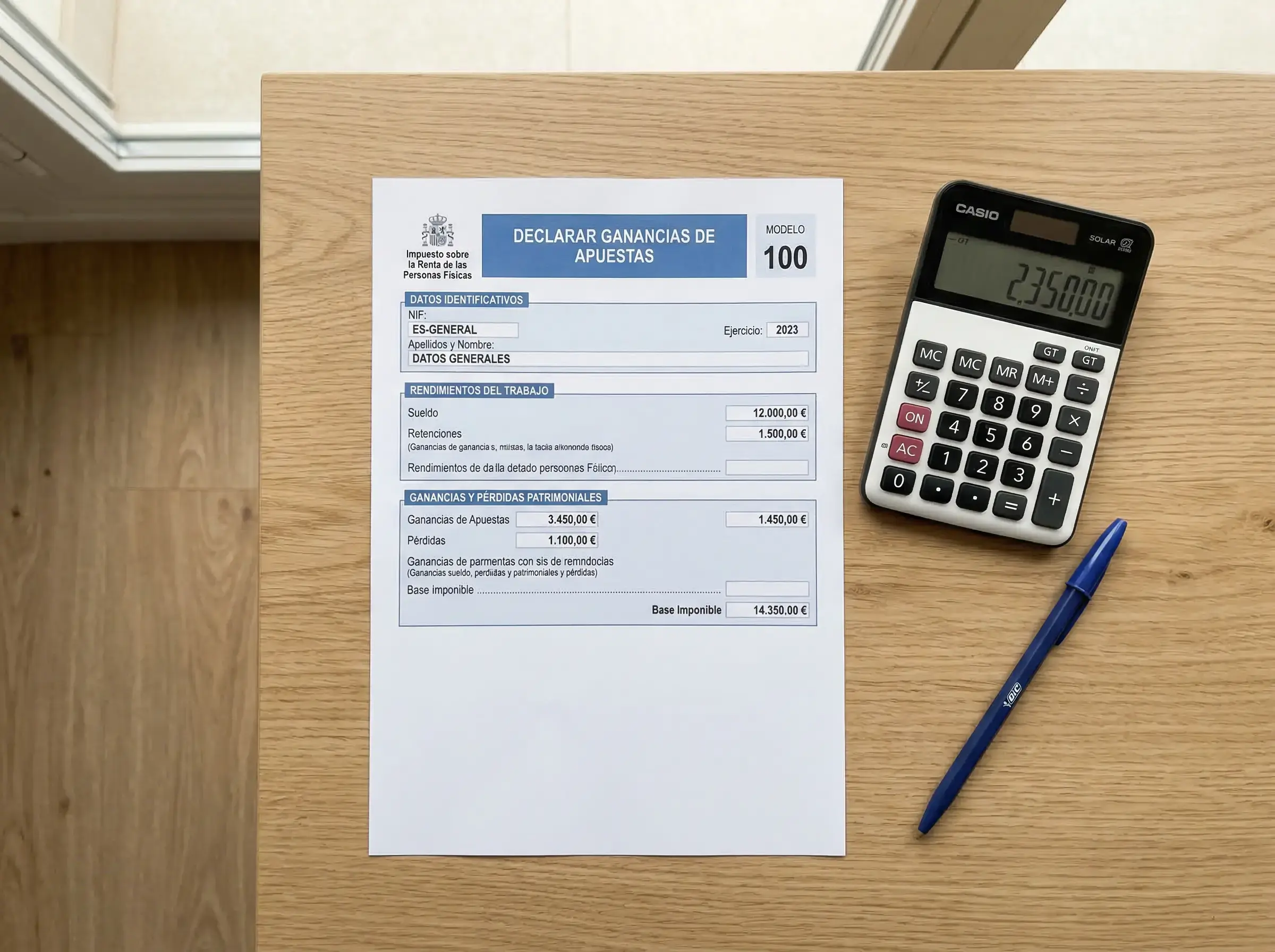 Formulario fiscal español sobre un escritorio con una calculadora y un bolígrafo