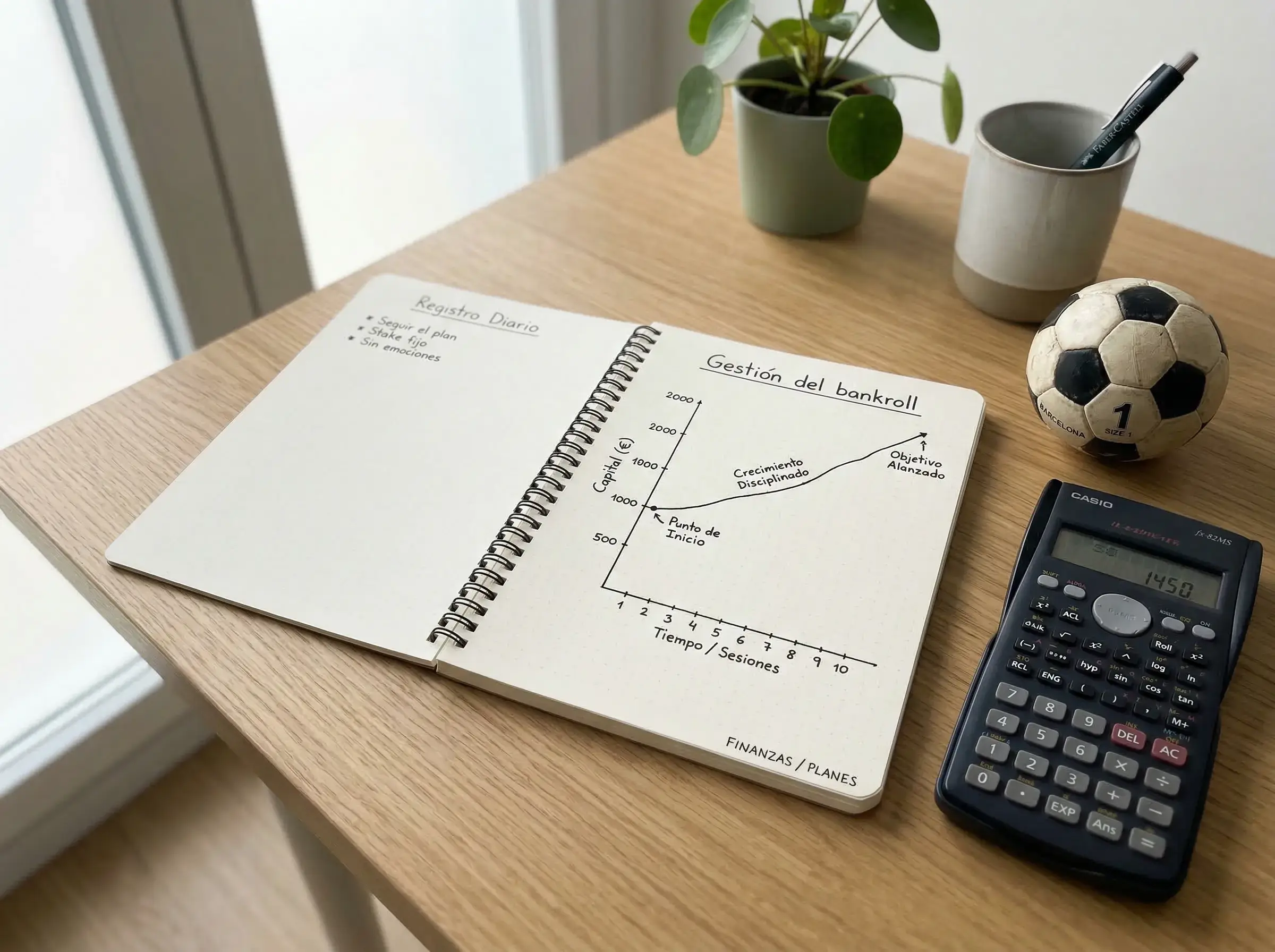 Cuaderno con gráfico de gestión financiera junto a una calculadora y un balón de fútbol pequeño