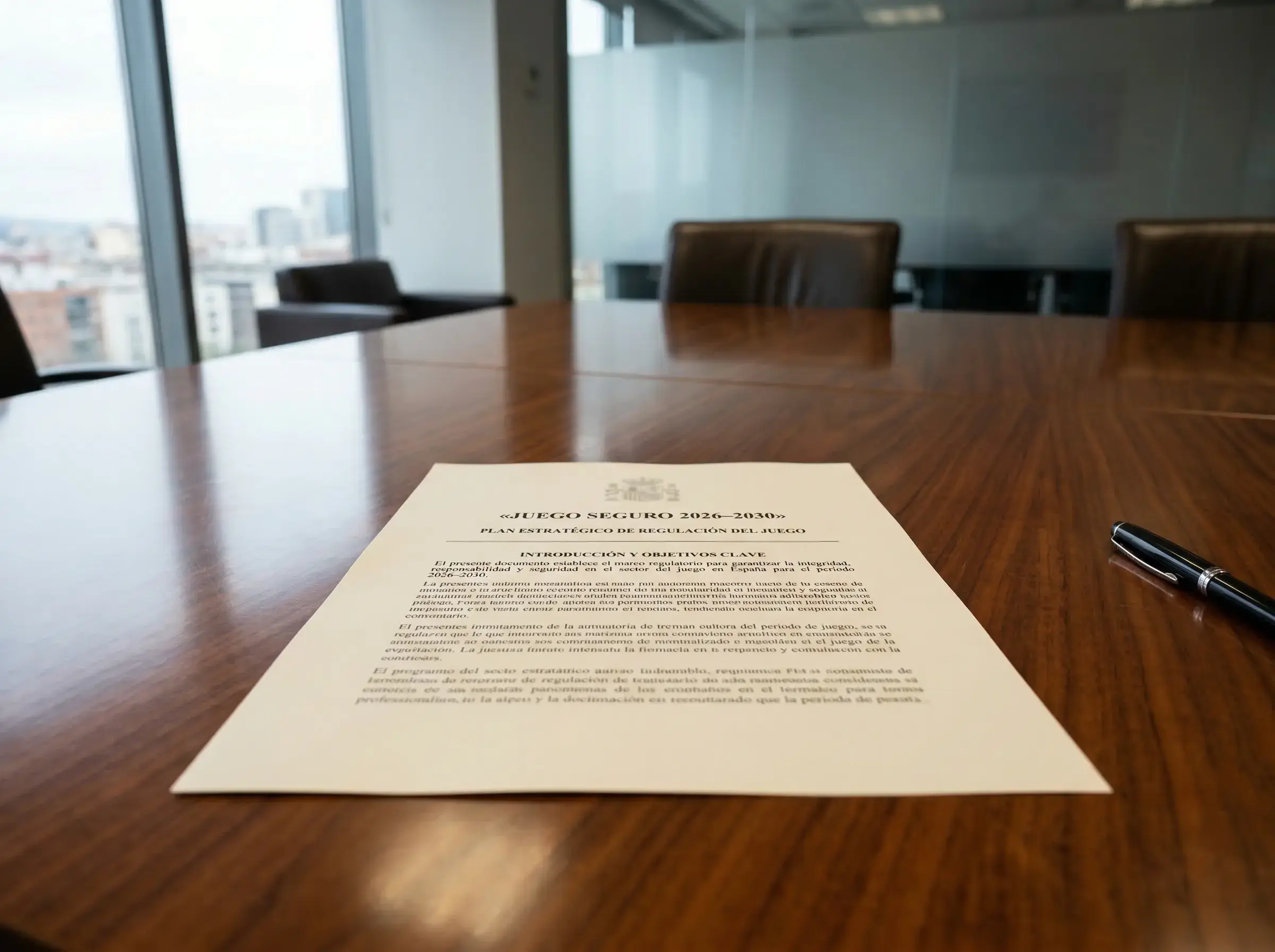 Documento oficial sobre una mesa de conferencias con un escudo institucional borroso