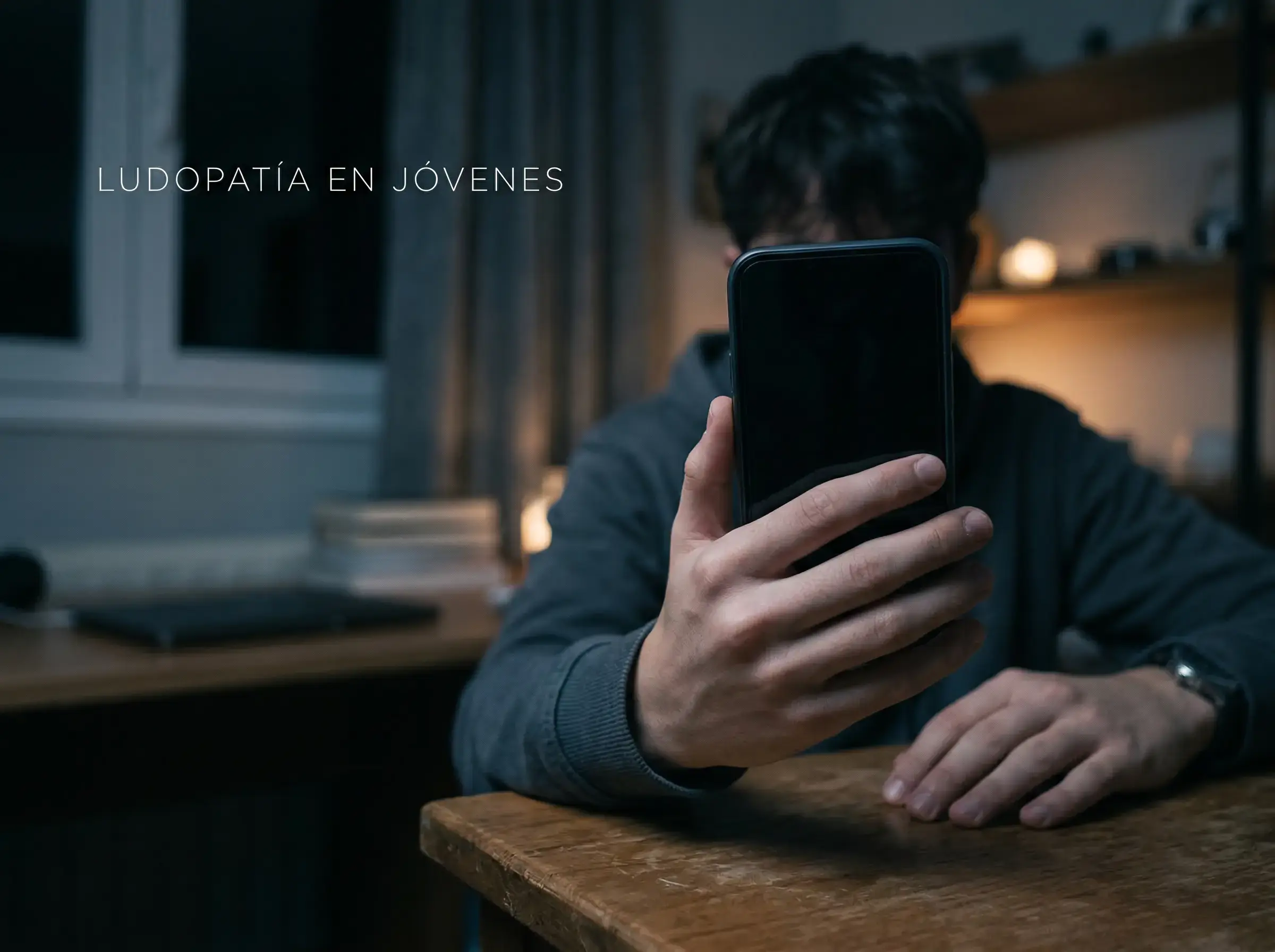 Mano de un joven sosteniendo un teléfono móvil con la pantalla apagada en un ambiente serio