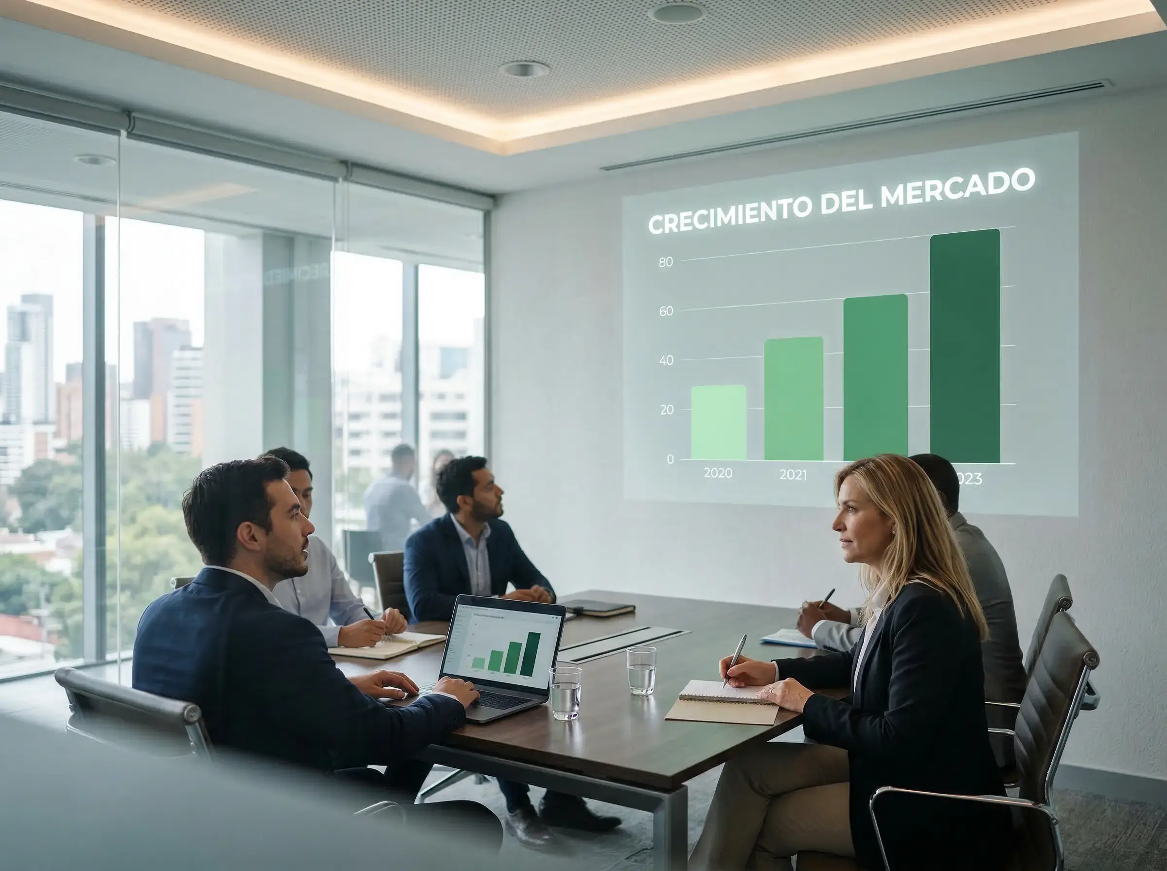 Gráfico de barras ascendente proyectado sobre una pared con tonos verdes representando crecimiento del mercado