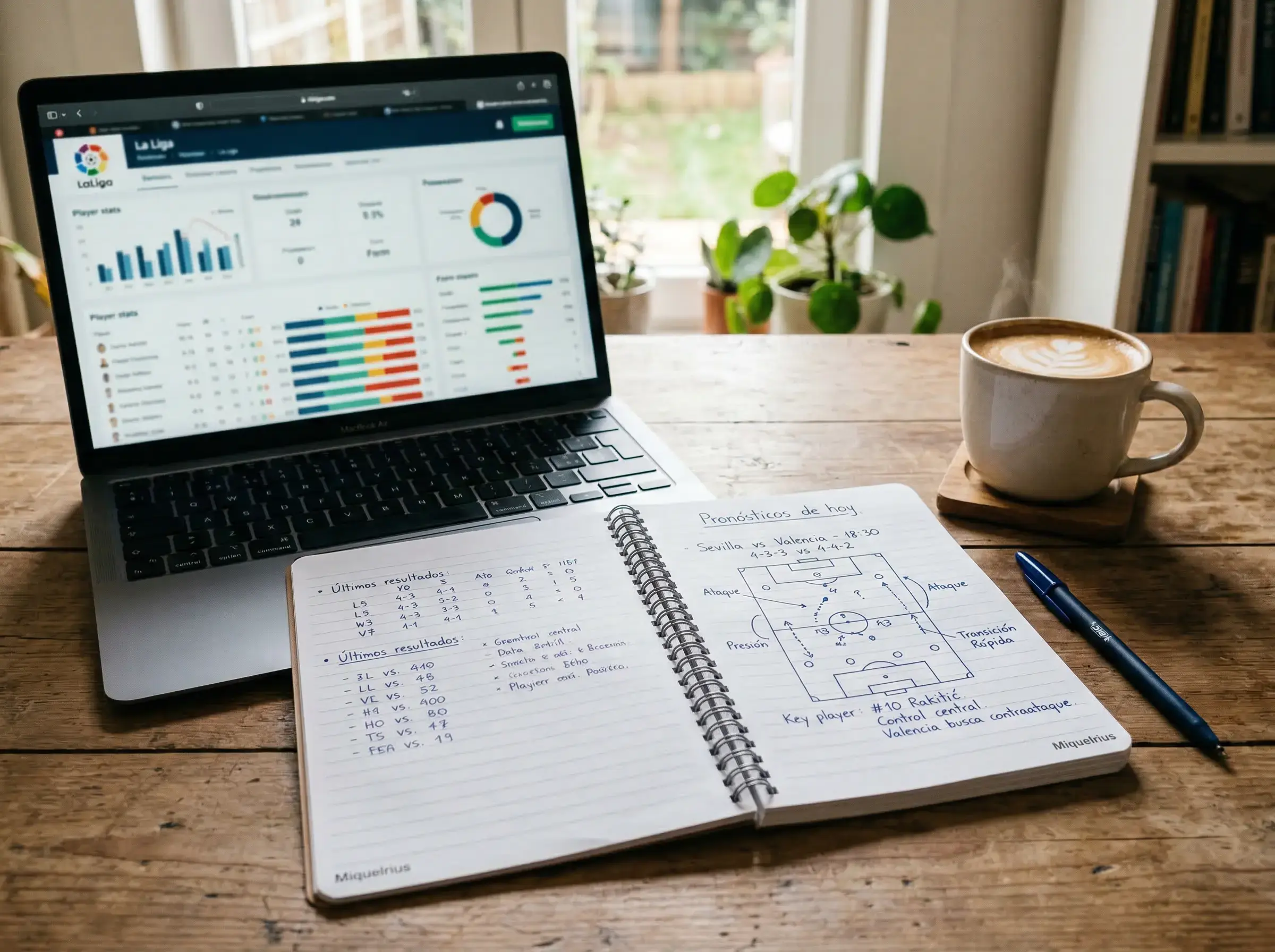 Cuaderno abierto con notas escritas a mano junto a un ordenador portátil mostrando estadísticas de fútbol