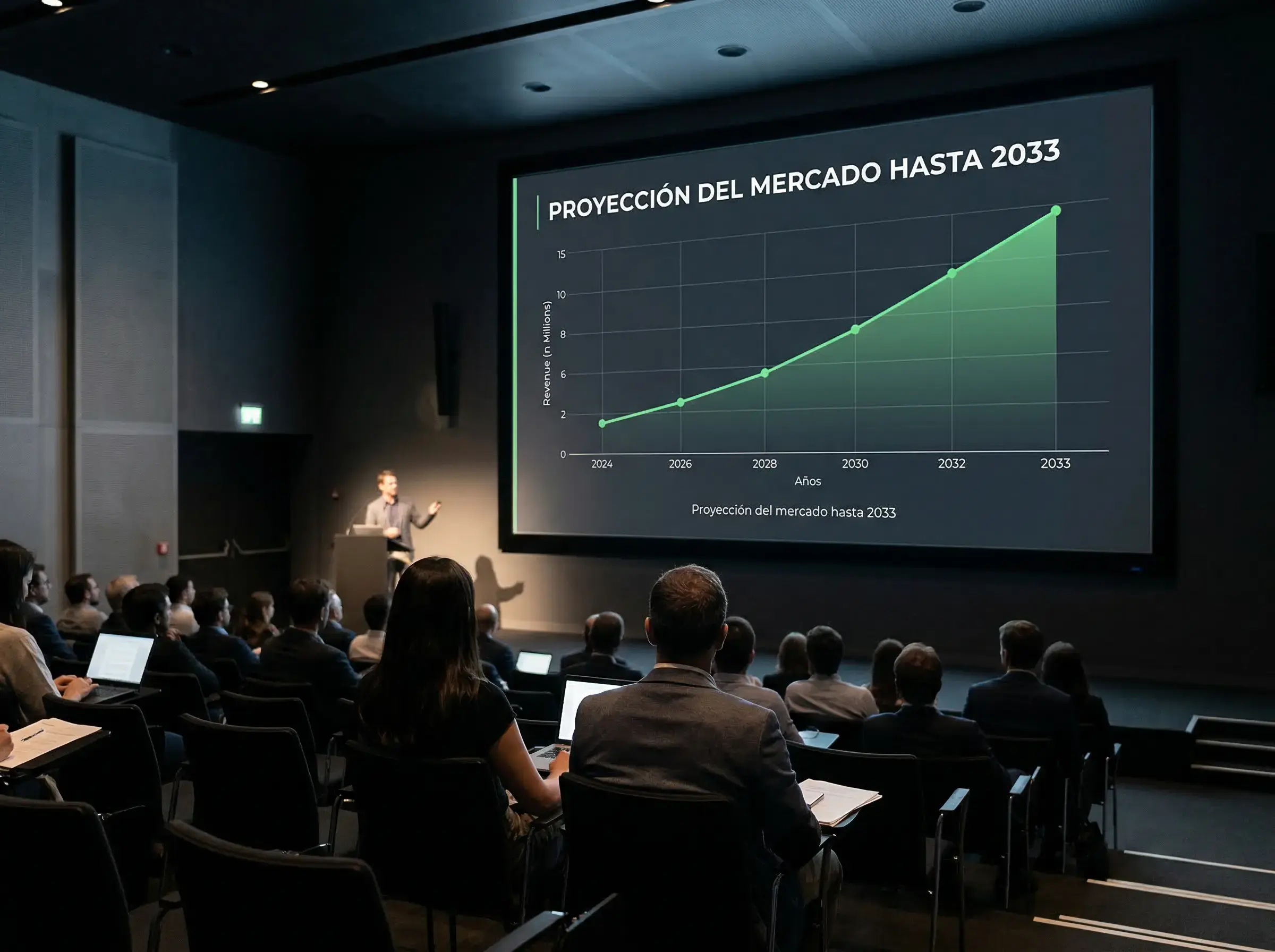 Gráfico de línea ascendente proyectado en una pantalla grande en una sala de presentaciones moderna