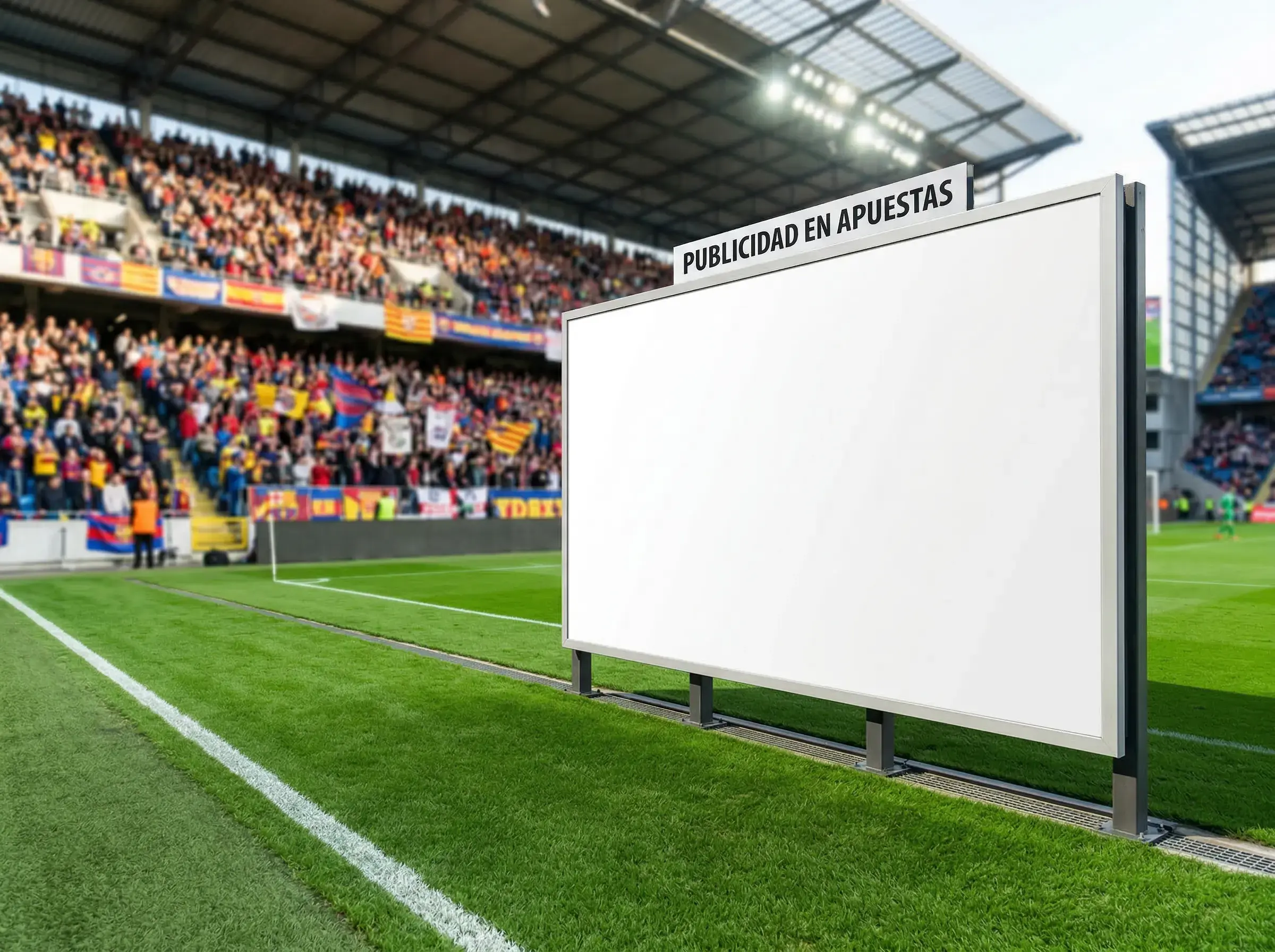Valla publicitaria vacía en un estadio de fútbol durante un partido con gradas de fondo