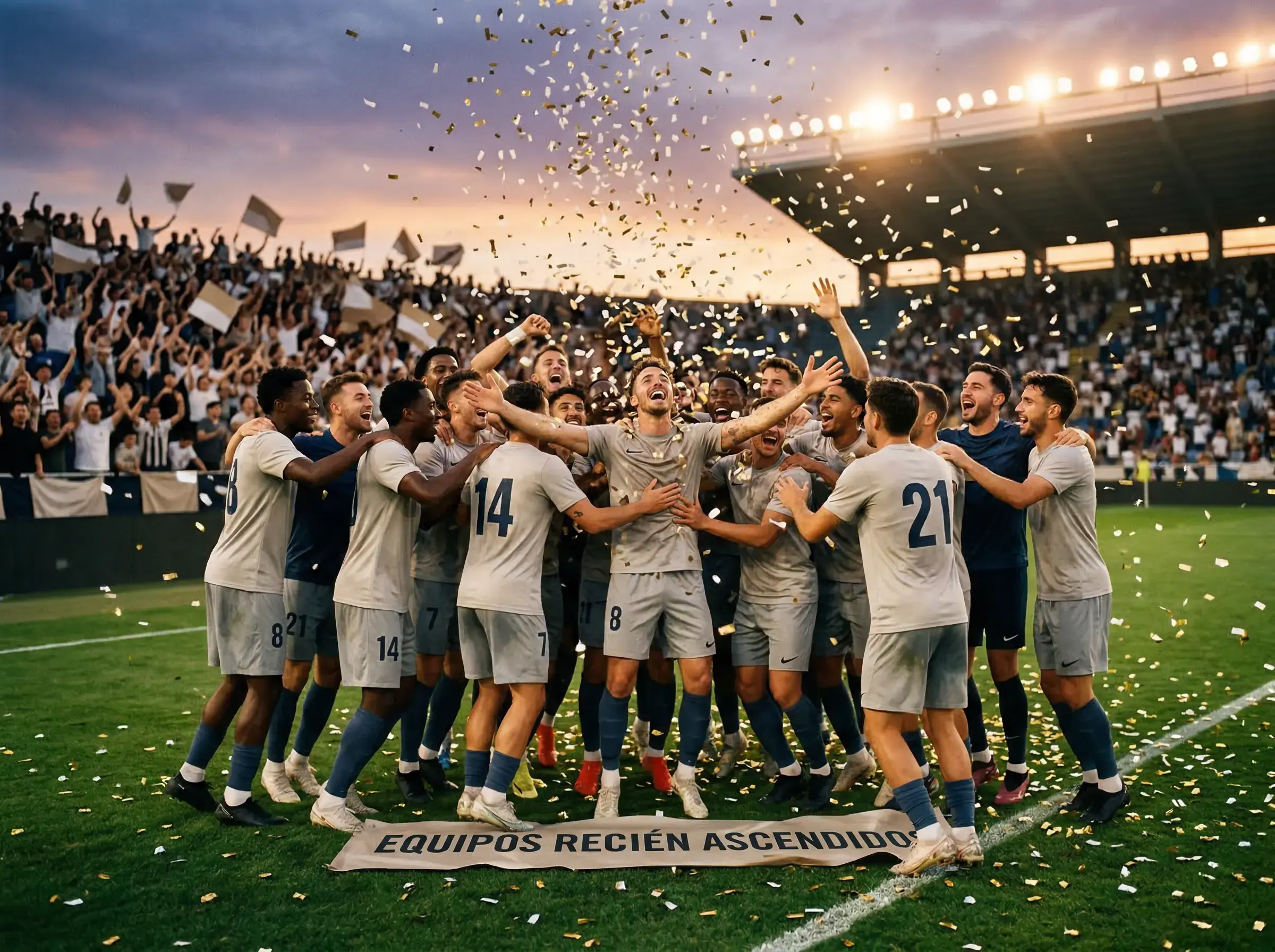 Jugadores de fútbol celebrando un ascenso de categoría en un campo de fútbol con confeti
